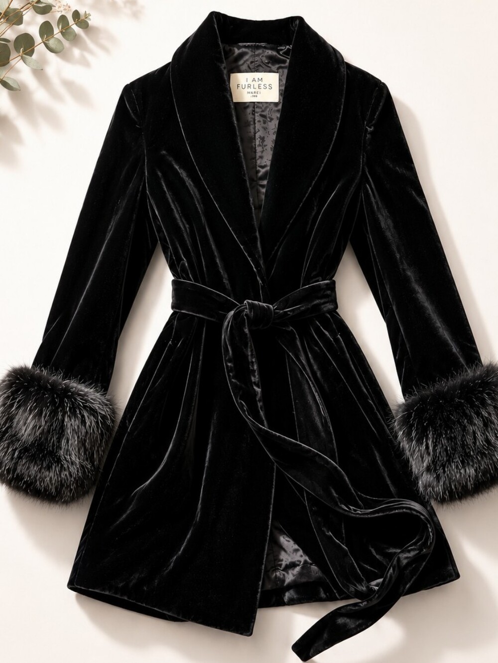 Marei 1998 I Am Furless Black Silk Velvet Belted Coat Faux Fur Cuffs Made Italy